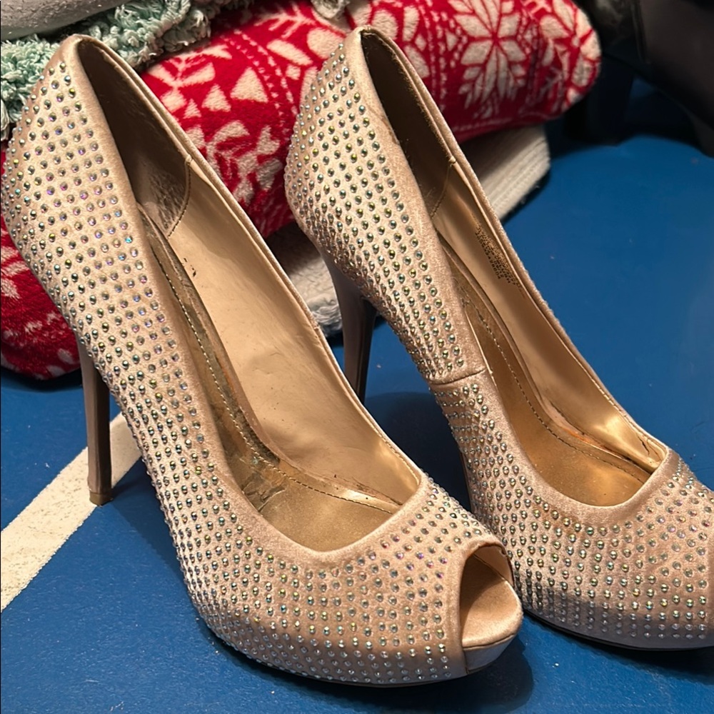Elegant Beige Studded High Heels